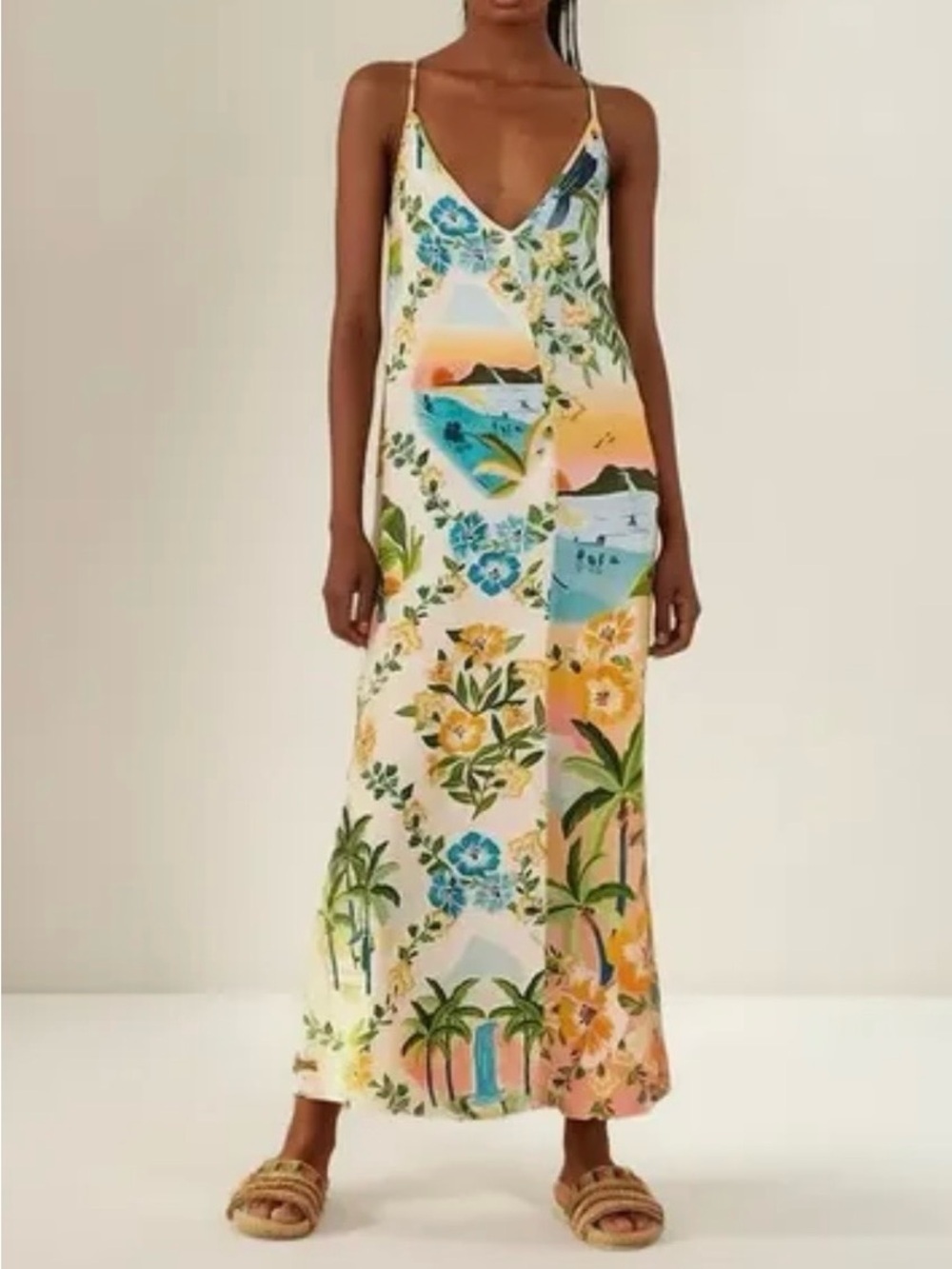 Farm Rio Tropical Floral Slip Dress in Yellow, Blue & Green Size Small